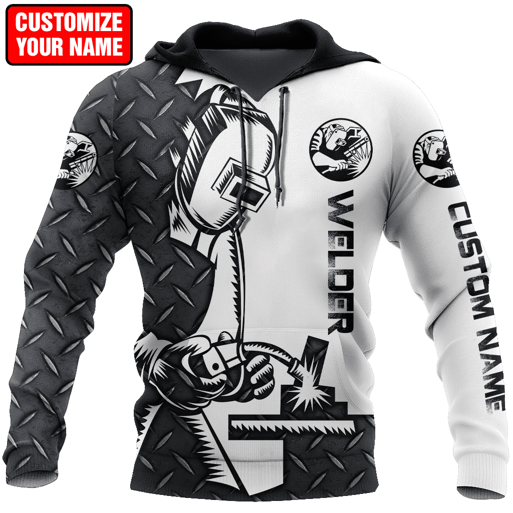 Personalized welder hoodie featuring black white diamond plate welding tools all-over print