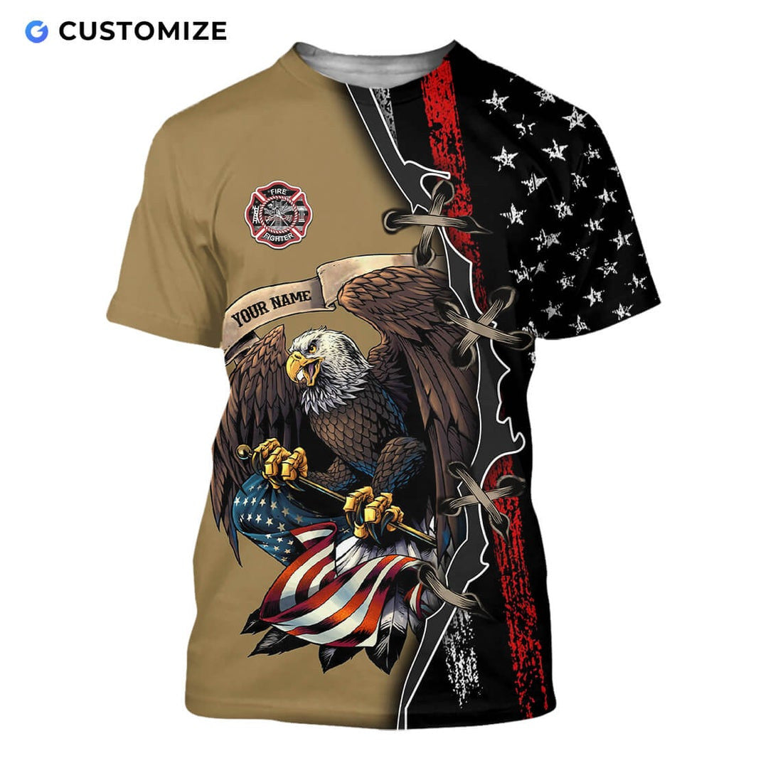 Personalized firefighter t-shirt featuring eagle and distressed flag all-over print, short-sleeve design