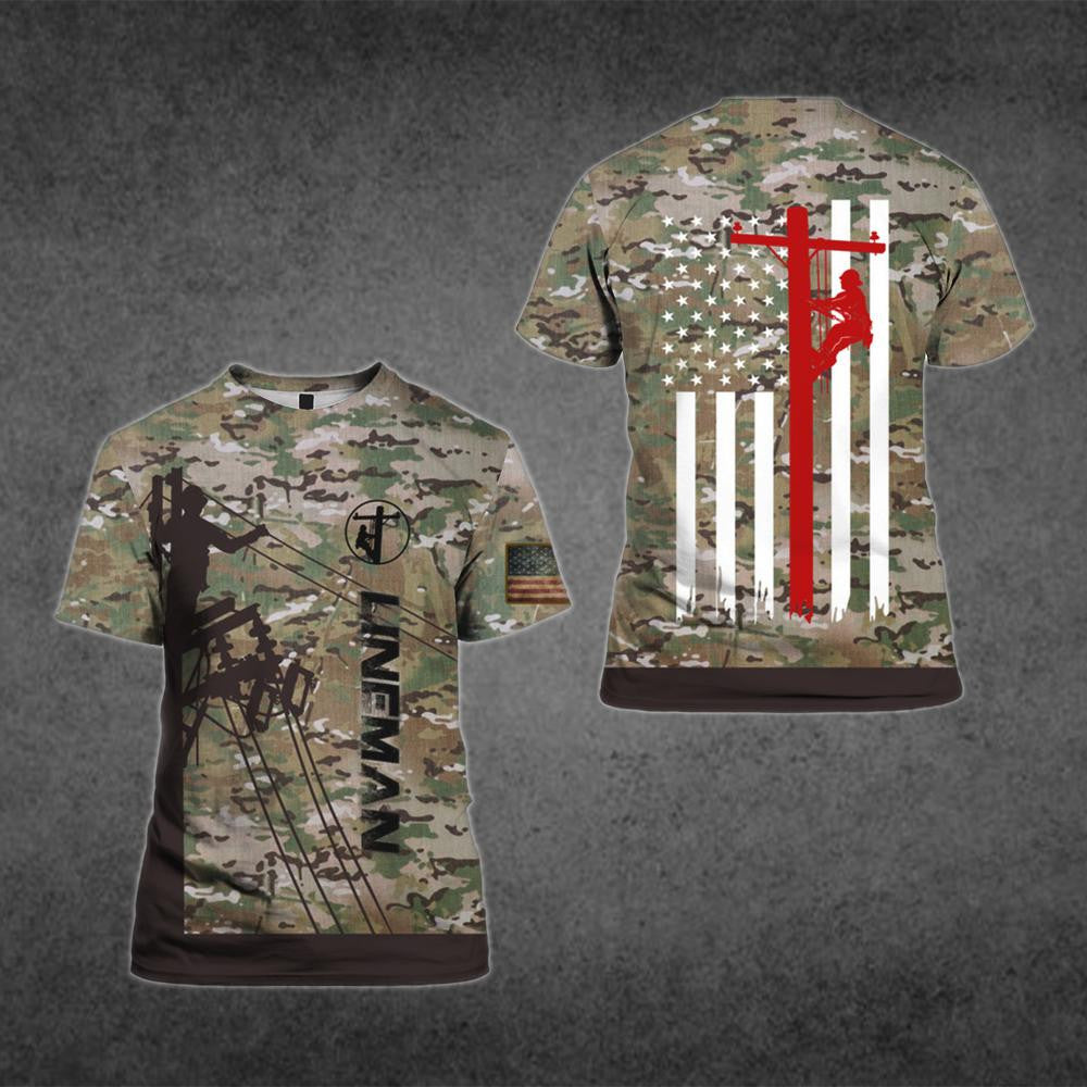 Personalized electrician t-shirt featuring lineman american flag all-over print
