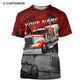 Personalized trucker t-shirt featuring red black semi truck all-over print, short-sleeve design