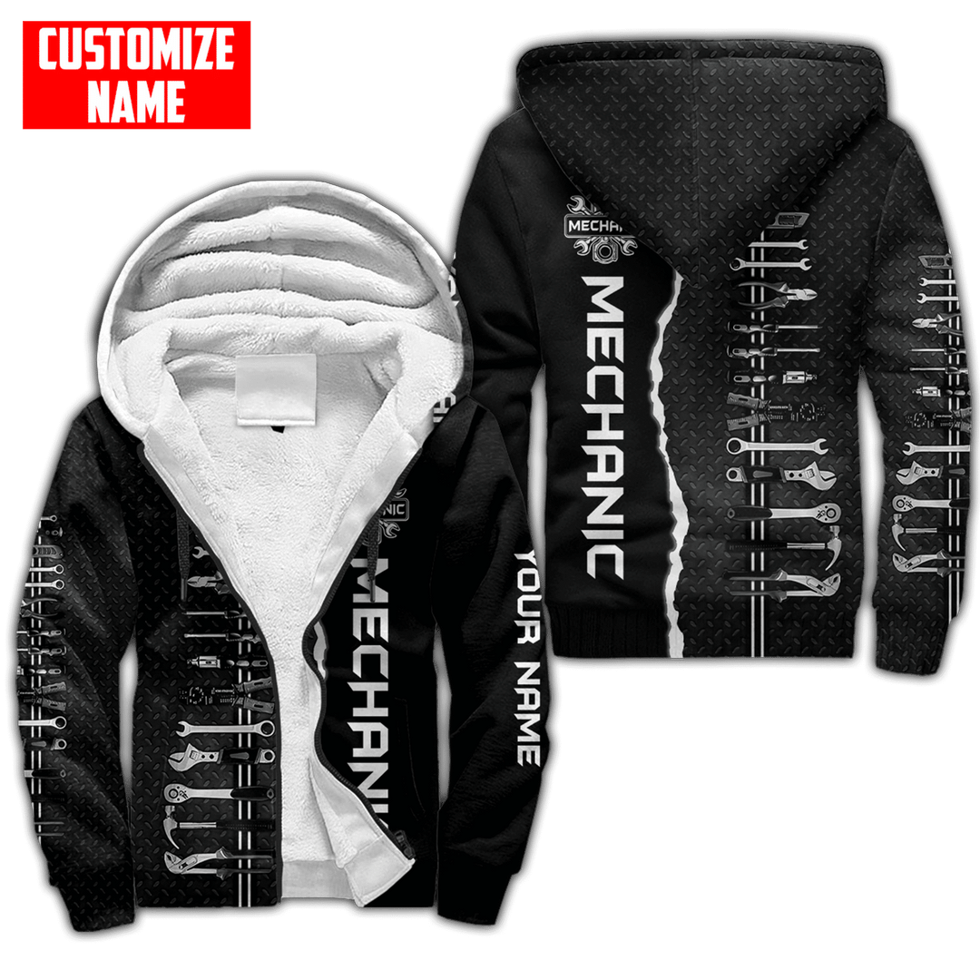 Personalized mechanic fleece zip hoodie featuring black and white wrench print all-over print, fleece lining shown