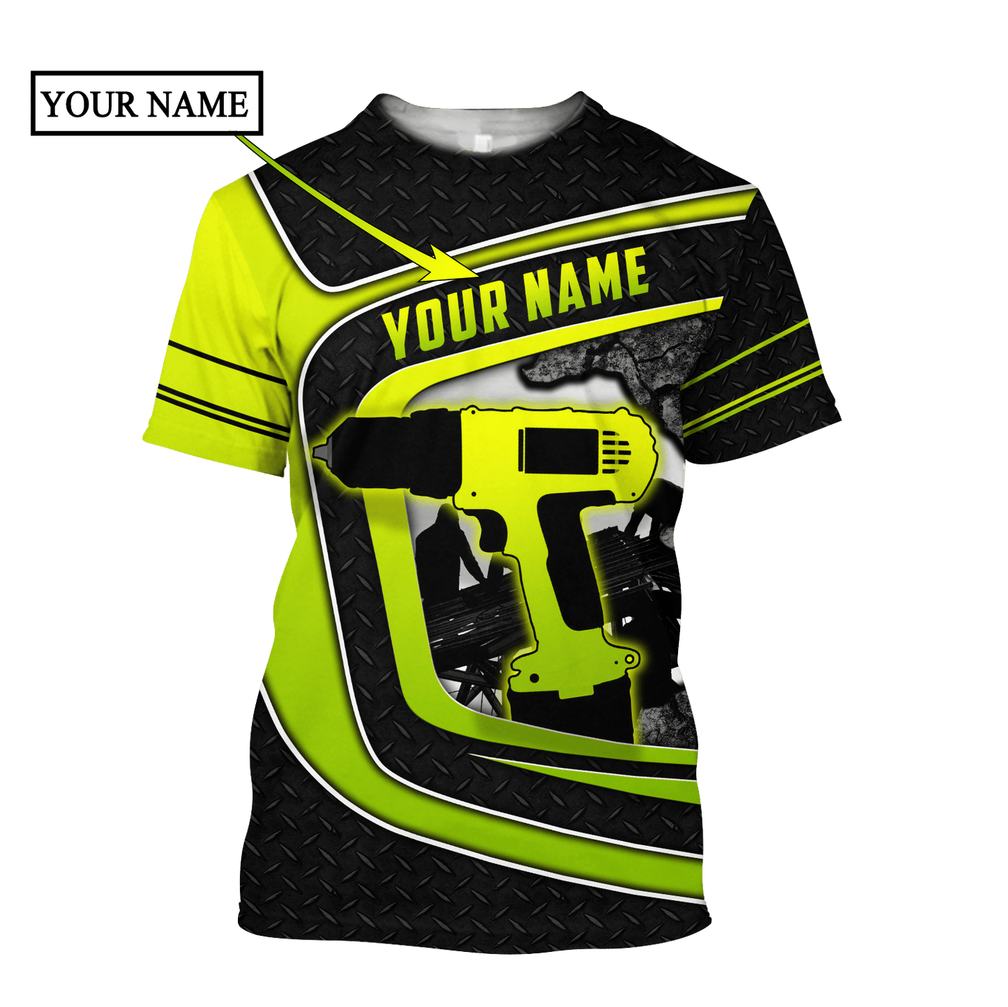 Personalized roofer t-shirt featuring neon yellow drill and roof frame all-over print