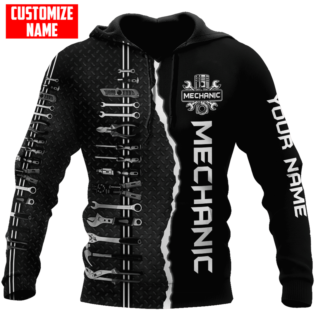 Personalized mechanic hoodie featuring black and white wrench print all-over print