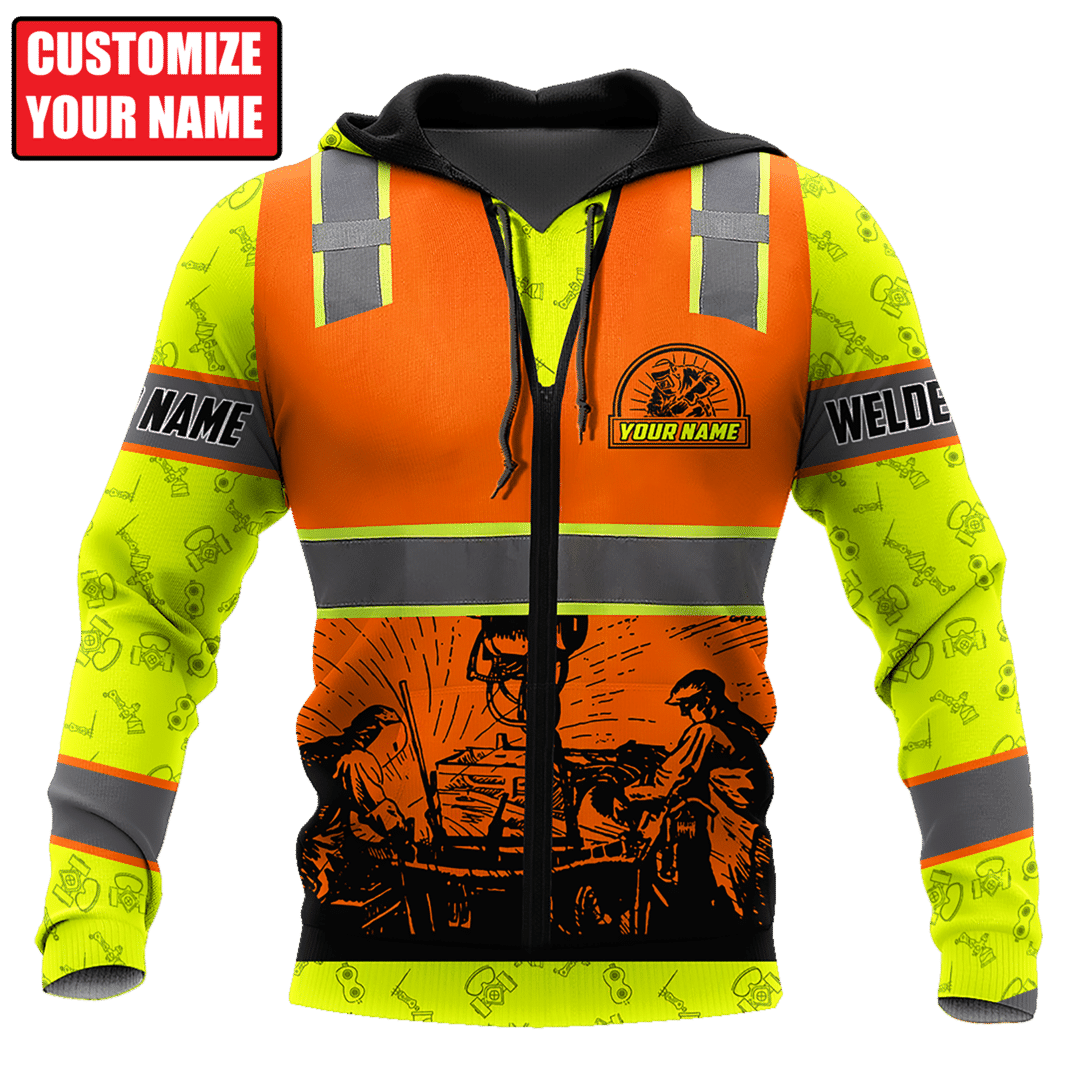 Personalized welder hoodie featuring orange vest print welding scene all-over print