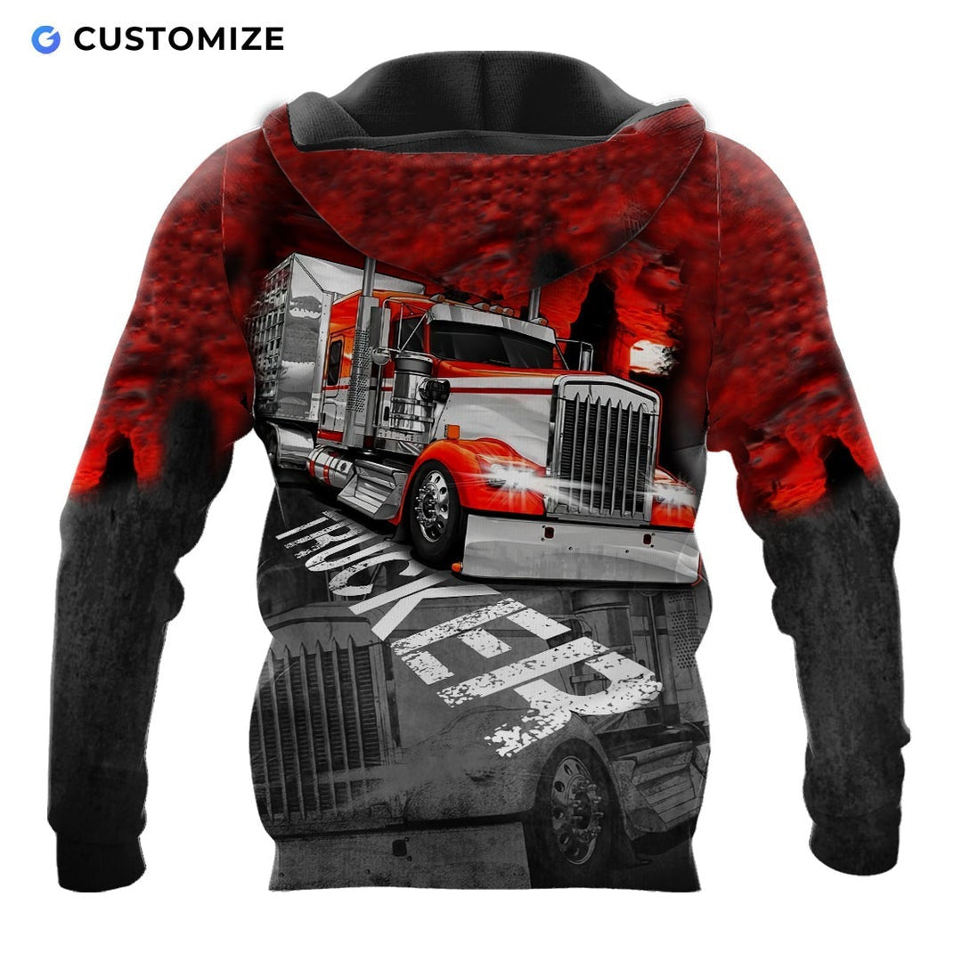 Personalized trucker hoodie featuring red black semi truck all-over print, back view