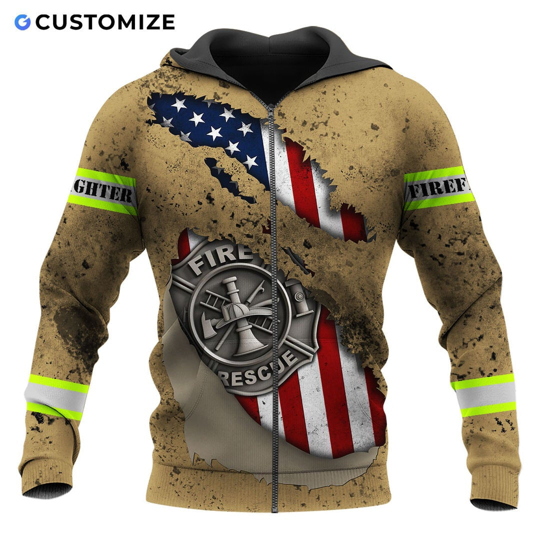 Personalized firefighter zip hoodie featuring tan fire rescue flag print all-over print, zip-front design