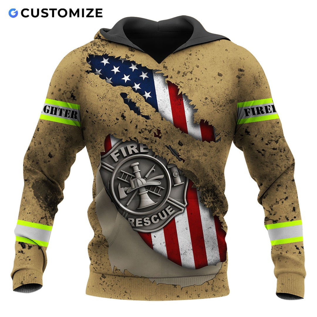 Personalized firefighter hoodie featuring tan fire rescue flag print all-over print