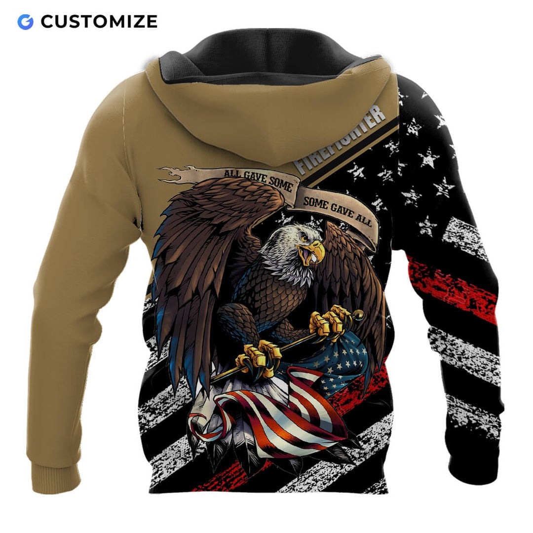 Personalized firefighter hoodie featuring eagle all gave some print all-over print, back view