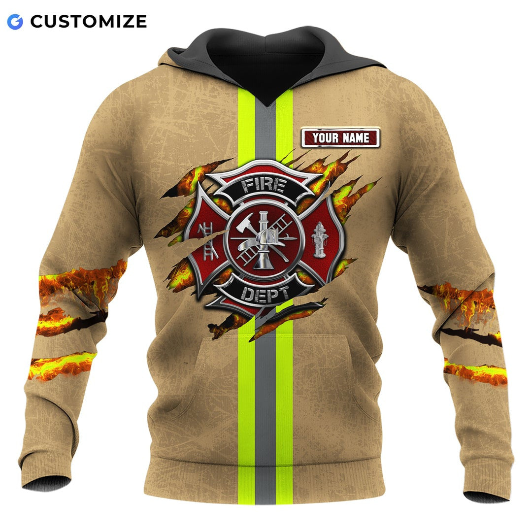 Personalized firefighter hoodie featuring tan fire badge stripe print all-over print