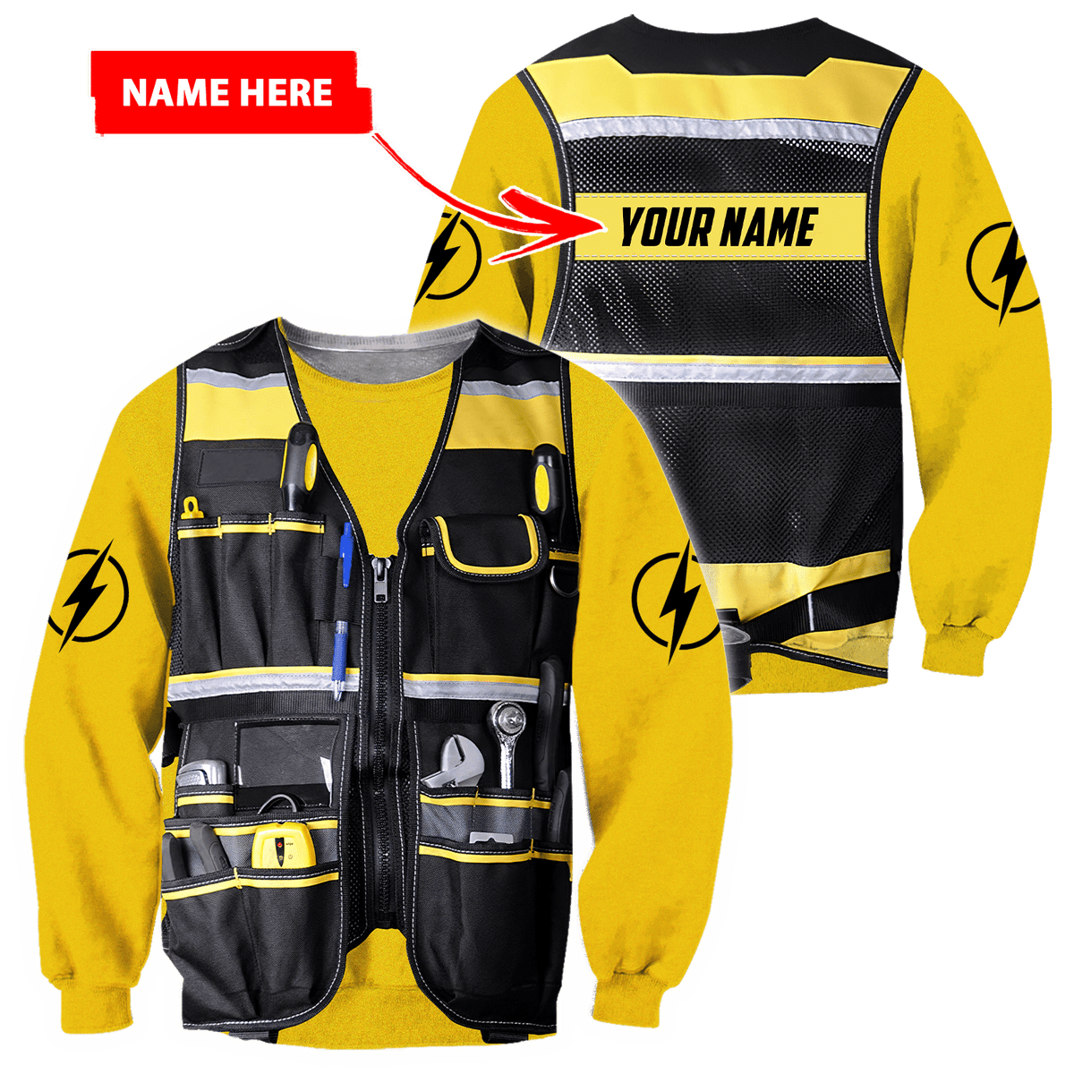 Personalized electrician sweatshirt featuring yellow utility belt print all-over print