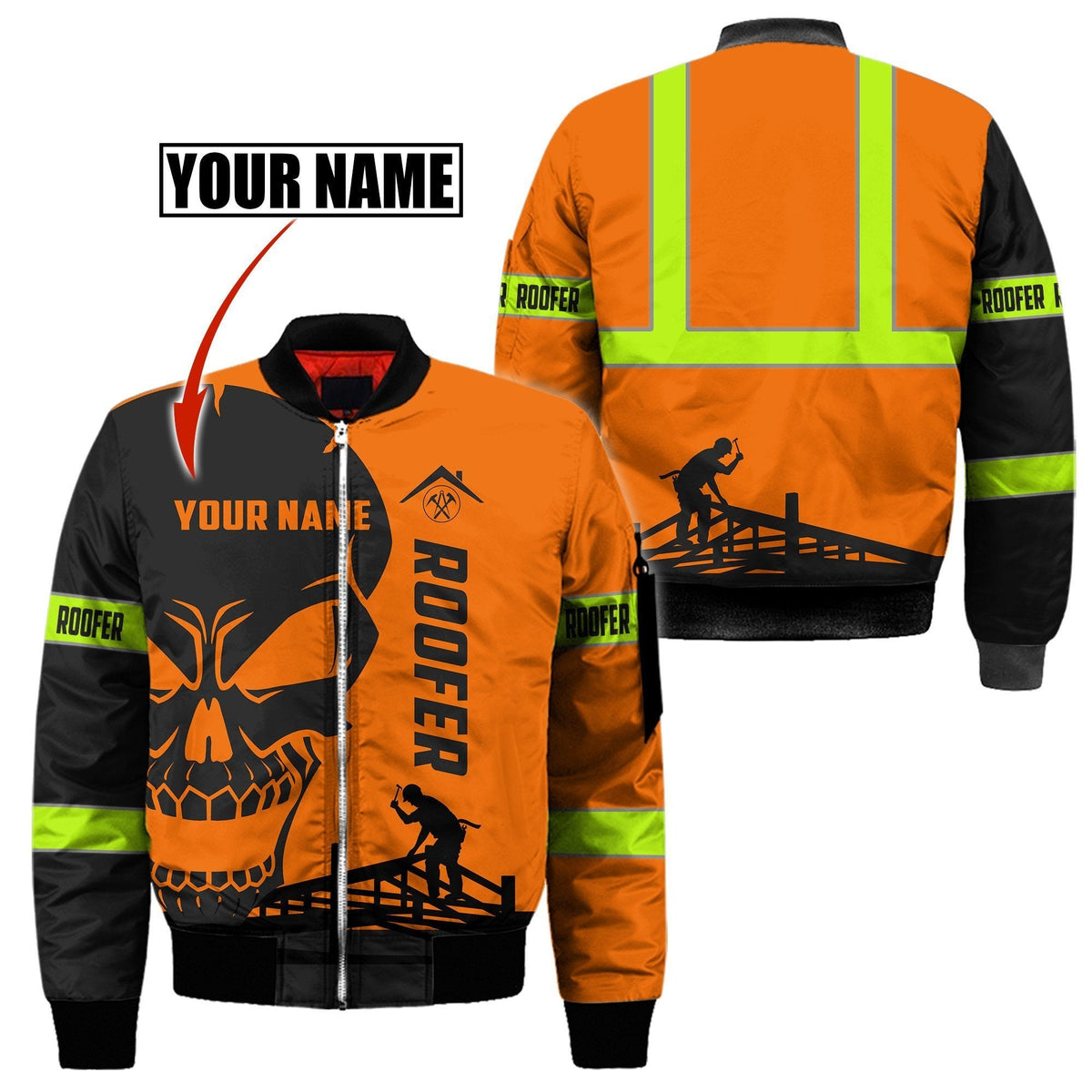Personalized roofer bomber jacket featuring orange skull and roofing frame all-over print