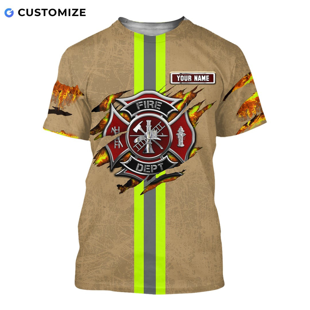 Personalized firefighter t-shirt featuring tan fire badge stripe print all-over print, short-sleeve design