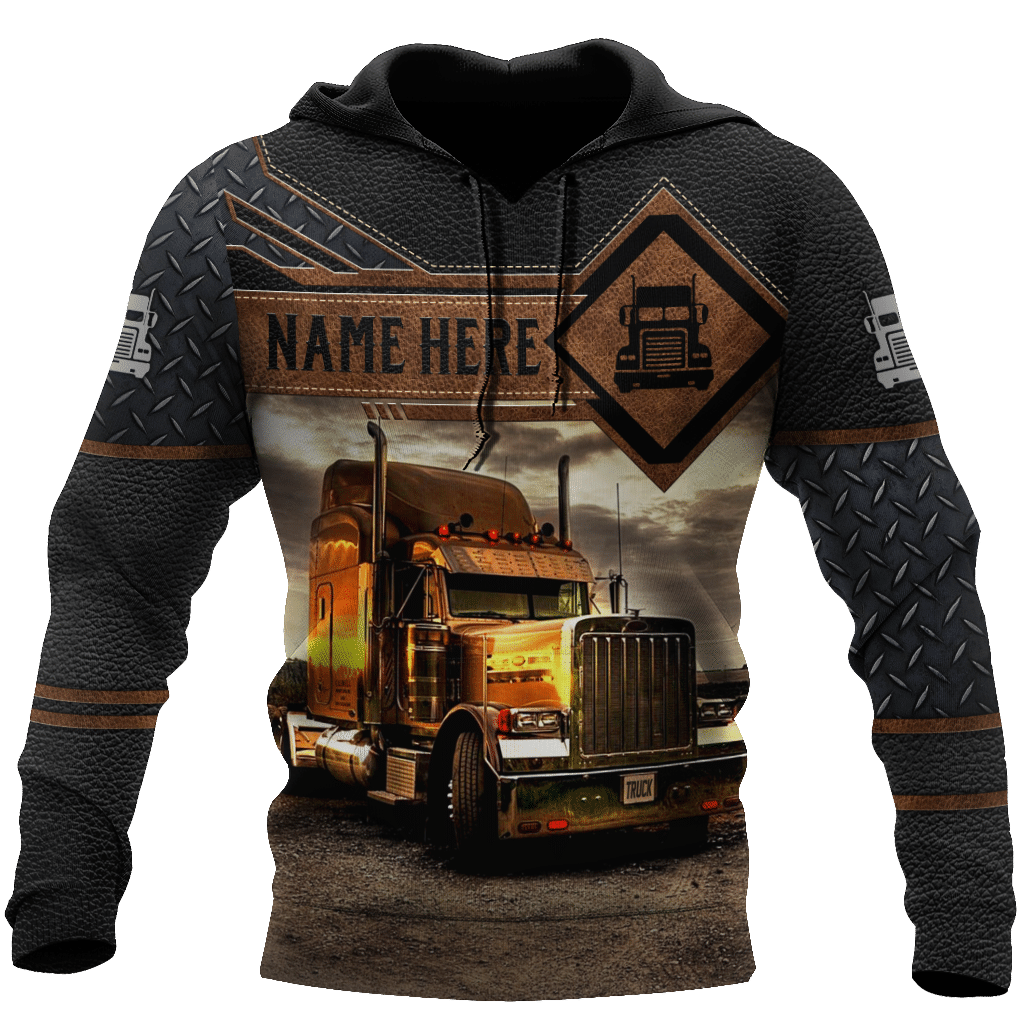 Personalized trucker hoodie featuring brown diamond panel semi truck all-over print