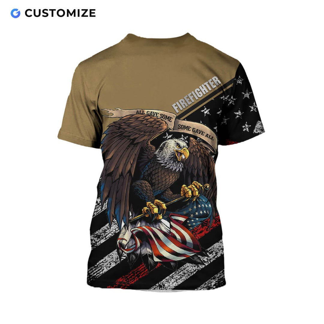 Personalized firefighter t-shirt featuring eagle all gave some print all-over print, back view