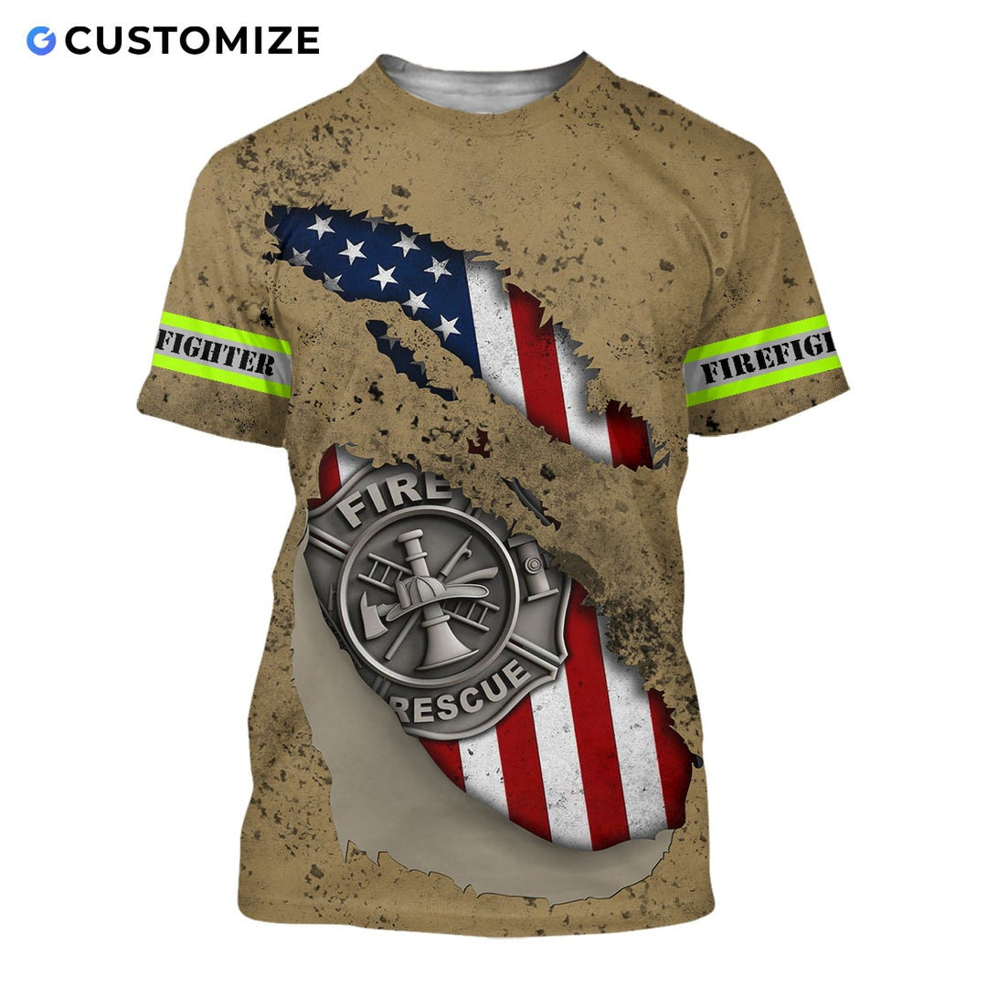 Personalized firefighter t-shirt featuring tan fire rescue flag print all-over print, short-sleeve design
