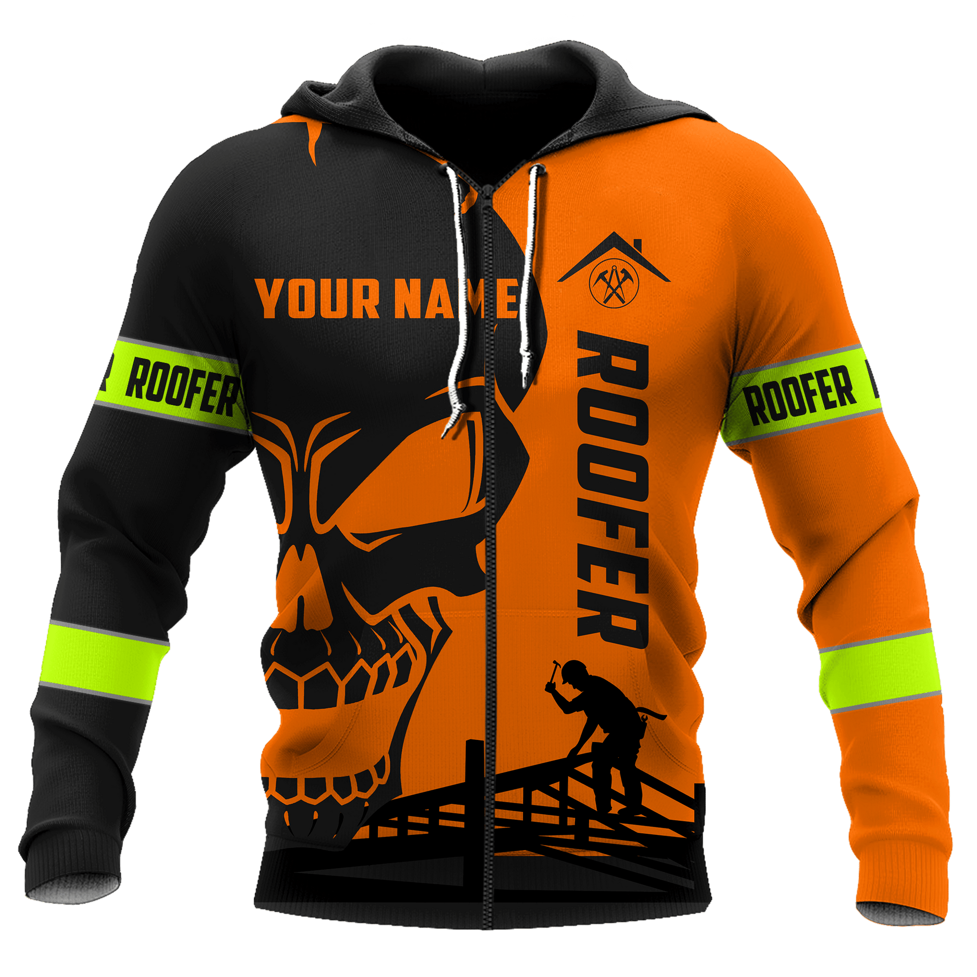 Personalized roofer zip hoodie featuring orange skull and roofing frame all-over print