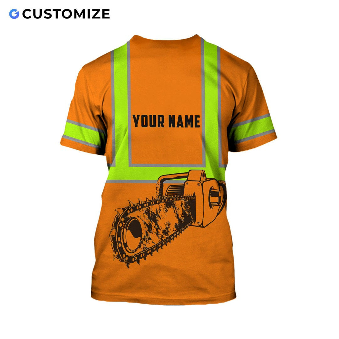 Personalized logger t-shirt featuring orange american flag chainsaw all-over print, back view