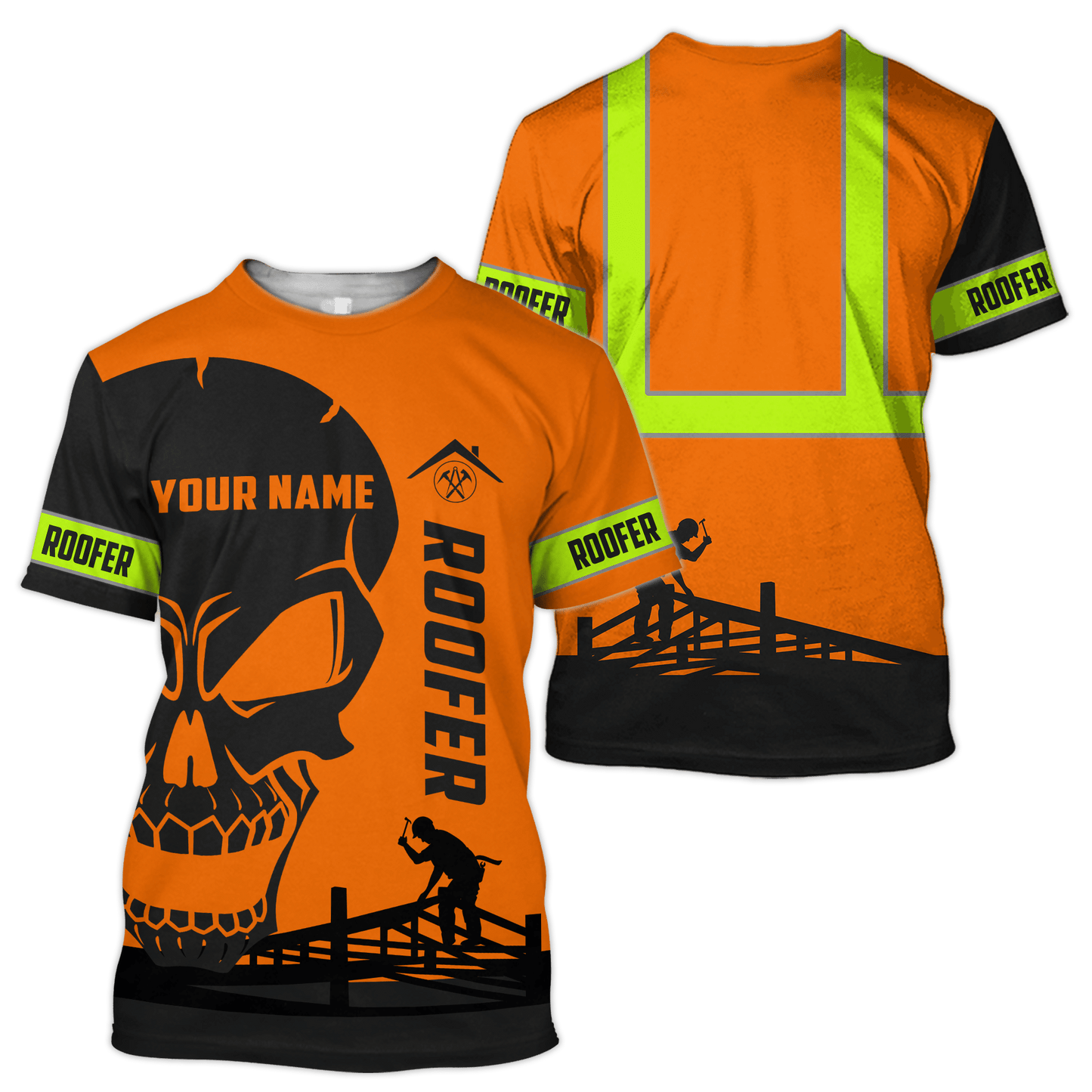 Personalized roofer t-shirt featuring orange skull and roofing frame all-over print