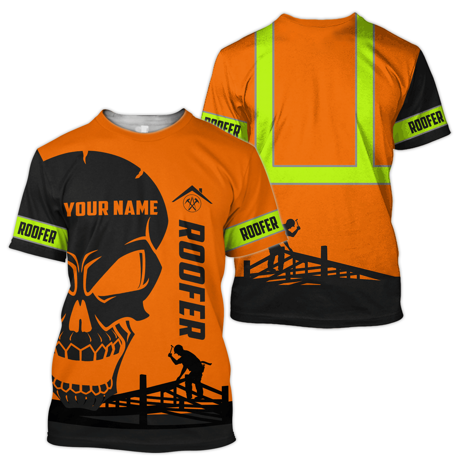 Personalized roofer t-shirt featuring orange skull and roofing frame all-over print