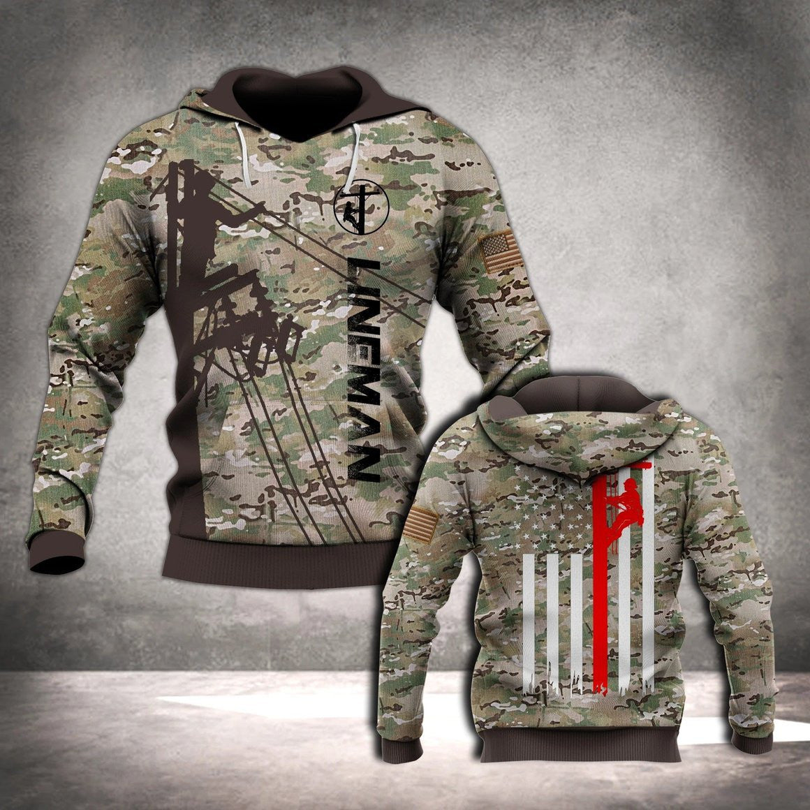 Personalized electrician hoodie featuring lineman american flag all-over print