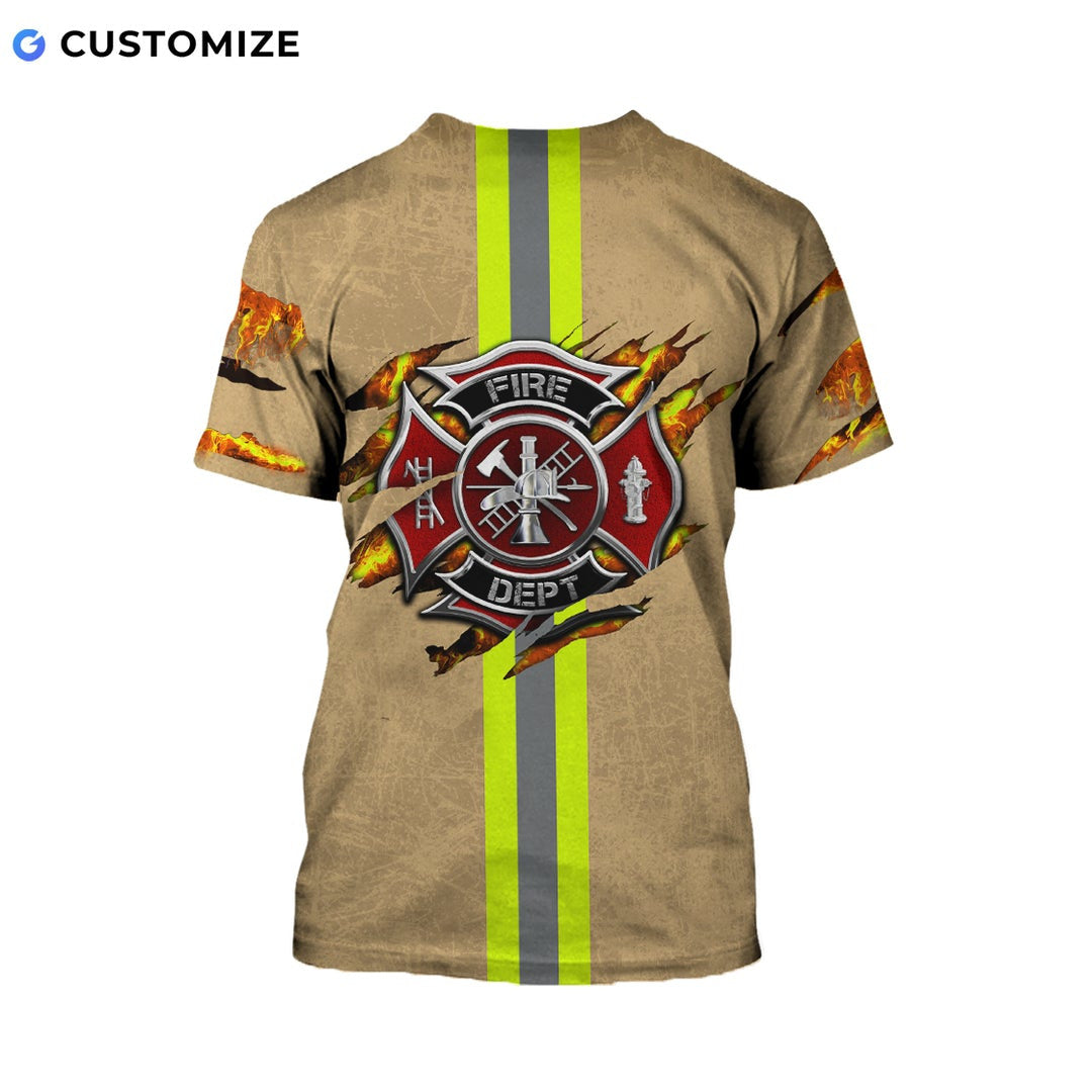 Personalized firefighter t-shirt featuring tan fire badge stripe print all-over print, back view