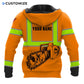 Personalized logger hoodie featuring orange american flag chainsaw all-over print, back view