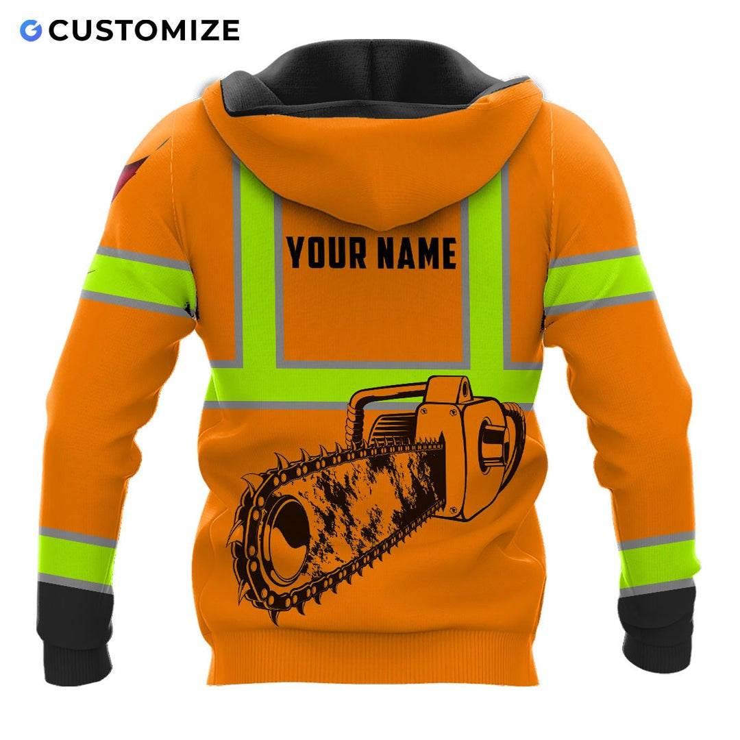Personalized logger hoodie featuring orange american flag chainsaw all-over print, back view