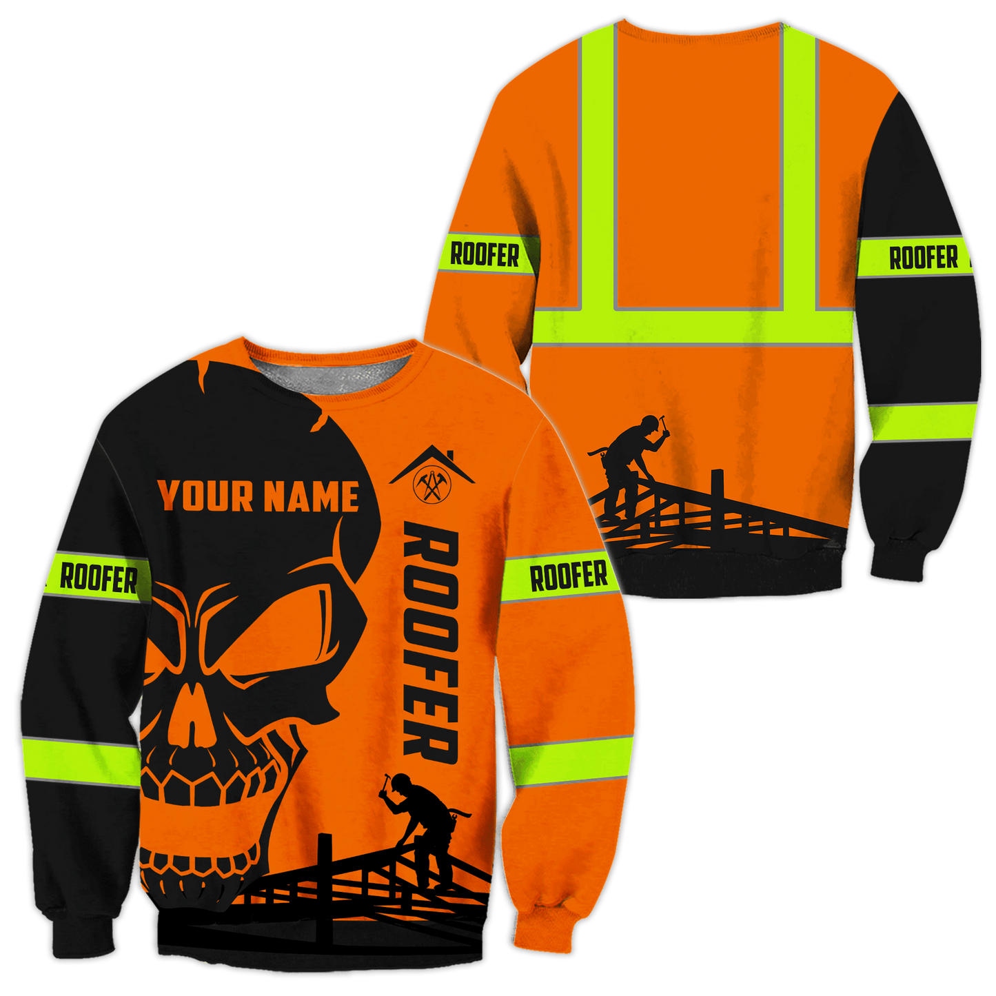 Personalized roofer sweatshirt featuring orange skull and roofing frame all-over print