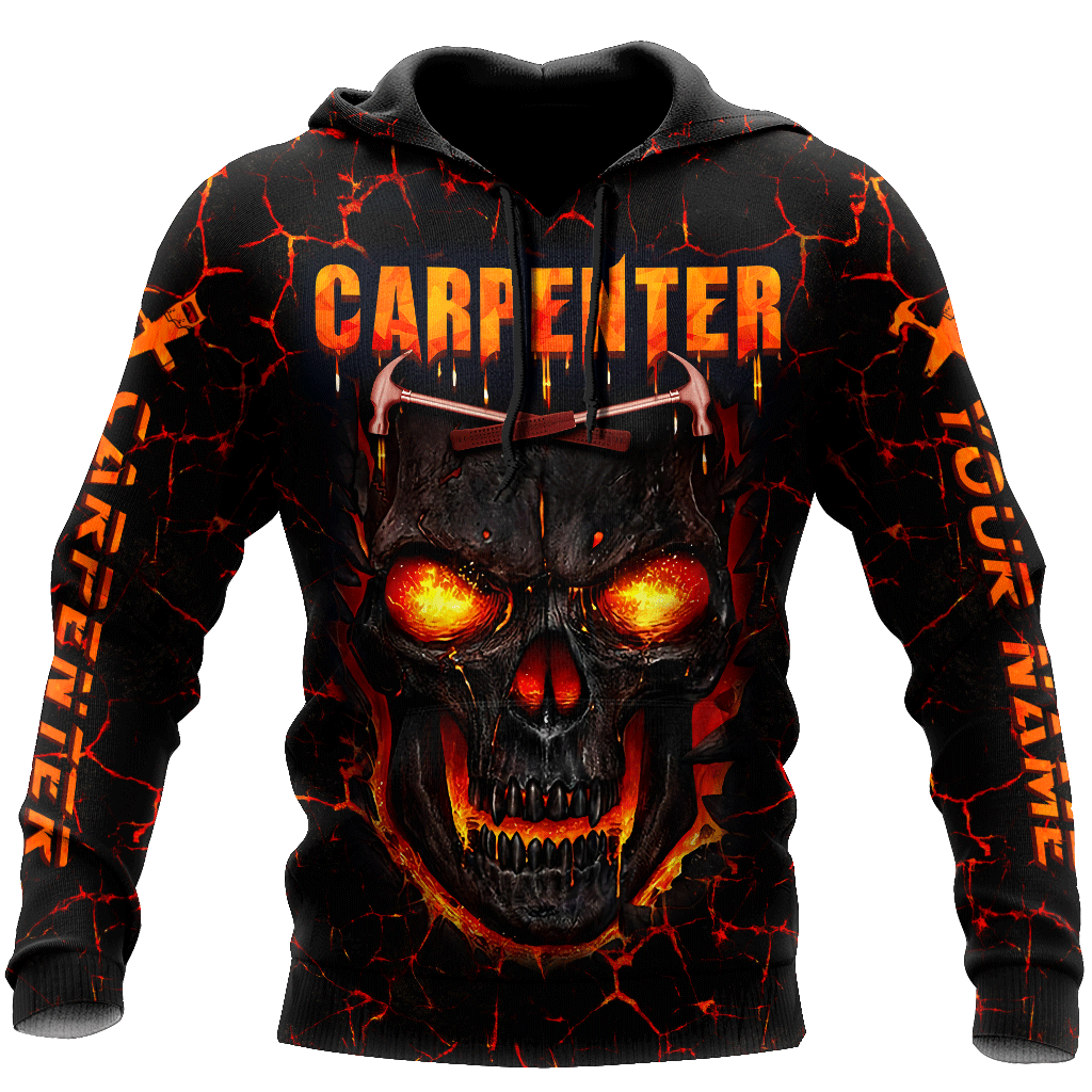 Personalized carpenter hoodie featuring fiery orange skull all-over print