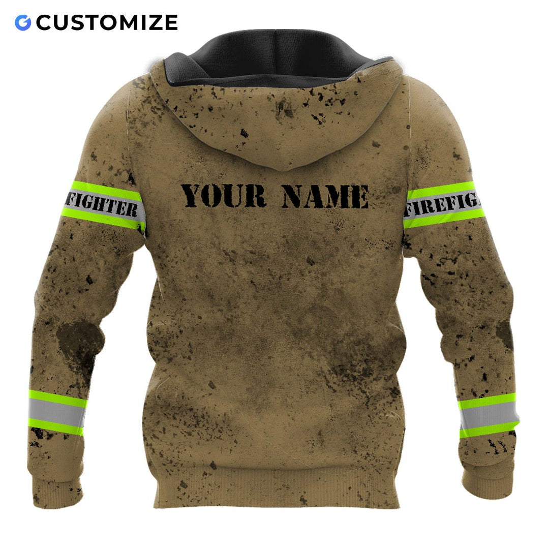 Personalized firefighter hoodie featuring tan fire rescue flag print all-over print, back view