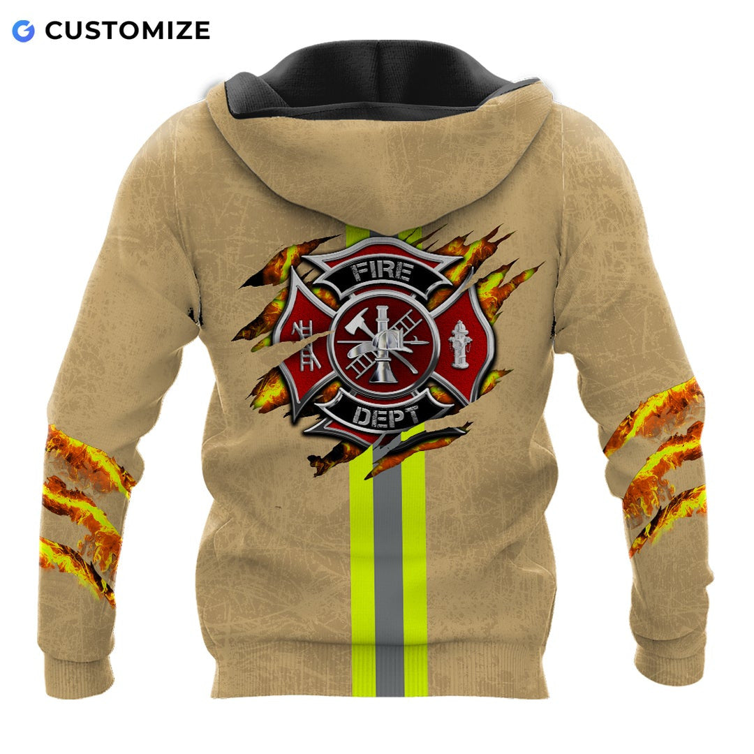 Personalized firefighter hoodie featuring tan fire badge stripe print all-over print, back view