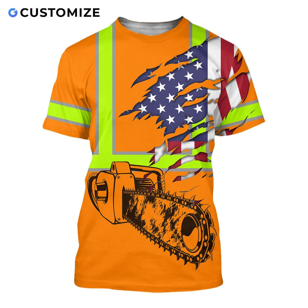 Personalized logger t-shirt featuring orange american flag chainsaw all-over print, short-sleeve design