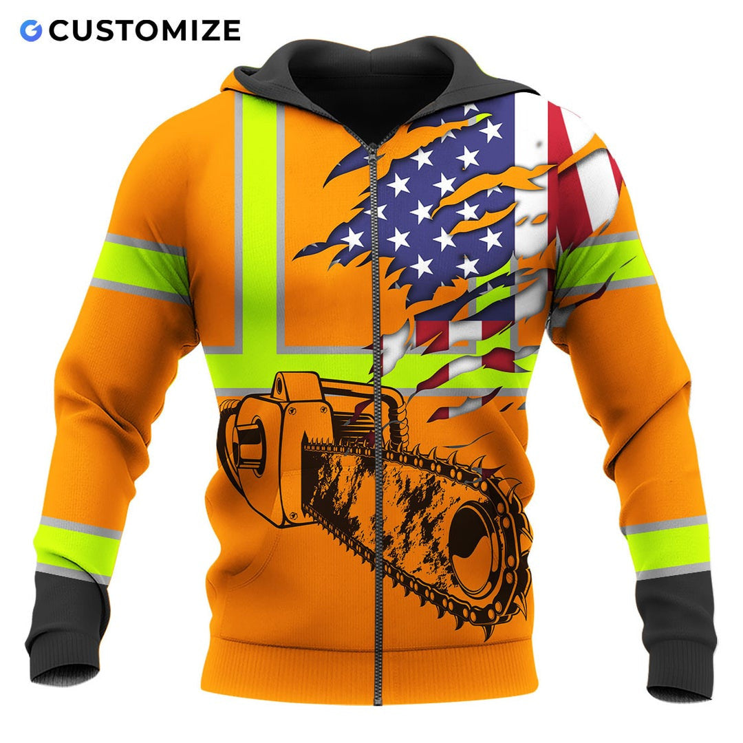 Personalized logger zip hoodie featuring orange american flag chainsaw all-over print, zip-front design