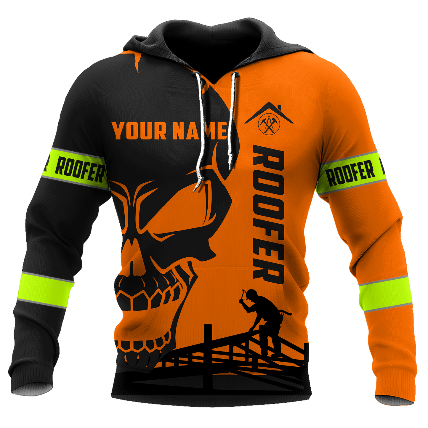 Personalized roofer hoodie featuring orange skull and roofing frame all-over print