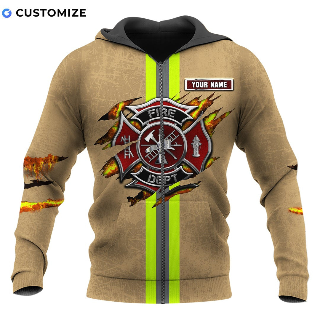 Personalized firefighter zip hoodie featuring tan fire badge stripe print all-over print, zip-front design