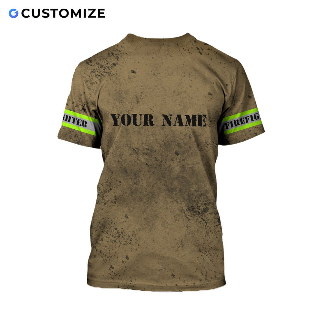 Personalized firefighter t-shirt featuring tan fire rescue flag print all-over print, back view