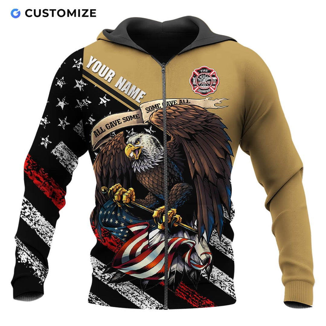 Personalized firefighter zip hoodie featuring eagle all gave some print all-over print, zip-front design