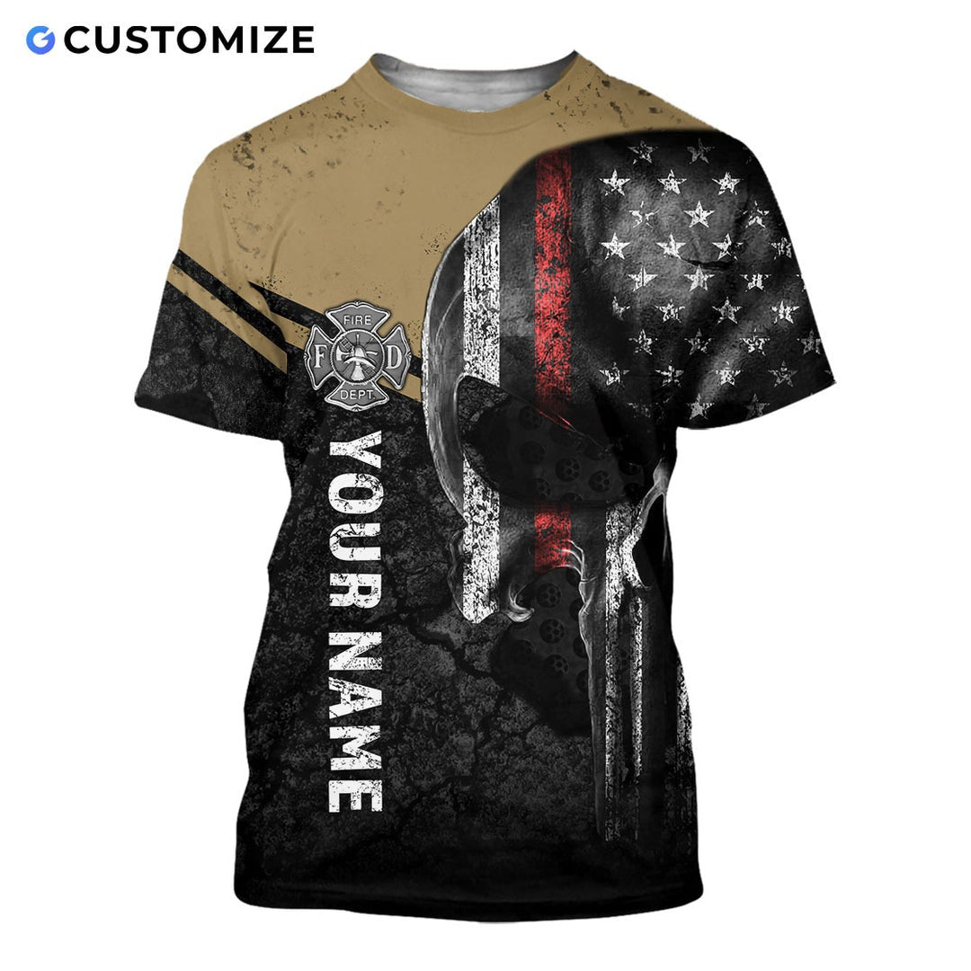Personalized firefighter t-shirt featuring distressed flag and fire badge all-over print, short-sleeve design