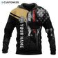 Personalized firefighter hoodie featuring distressed flag and fire badge all-over print