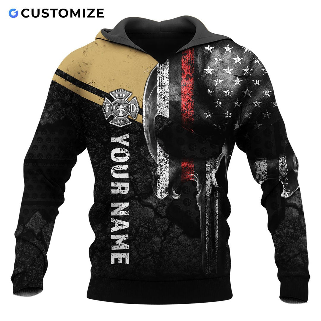 Personalized firefighter hoodie featuring distressed flag and fire badge all-over print