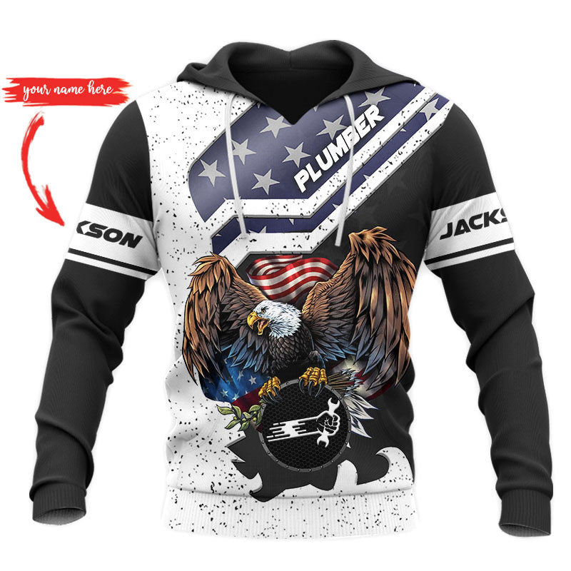 Personalized plumber hoodie featuring black white american eagle all-over print