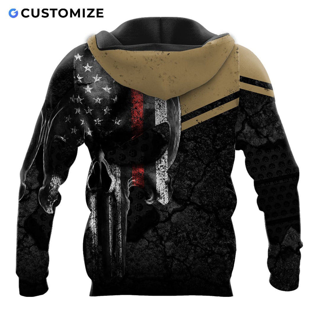 Personalized firefighter hoodie featuring distressed flag and fire badge all-over print, back view
