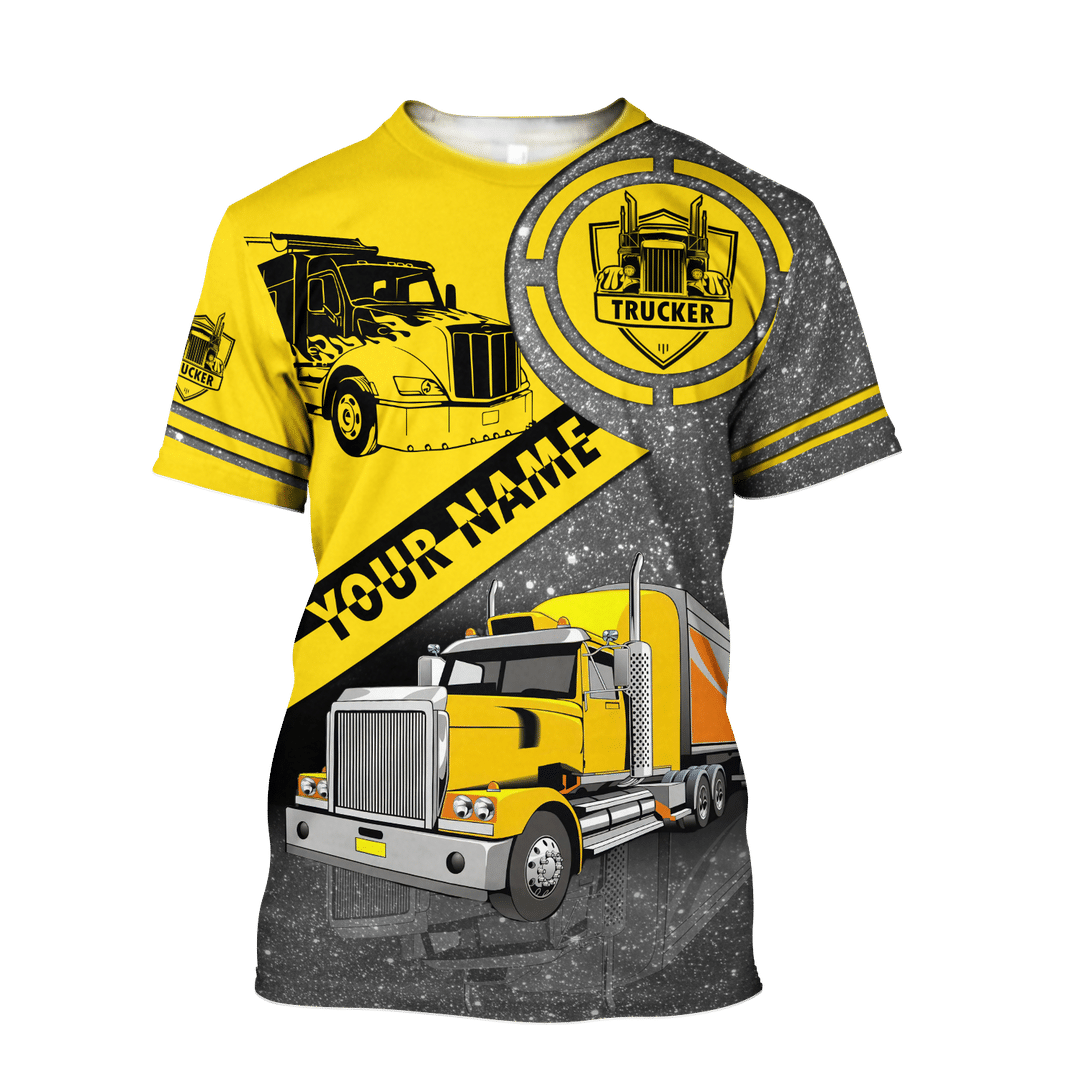 Personalized trucker t-shirt featuring yellow semi truck print all-over print, short-sleeve design