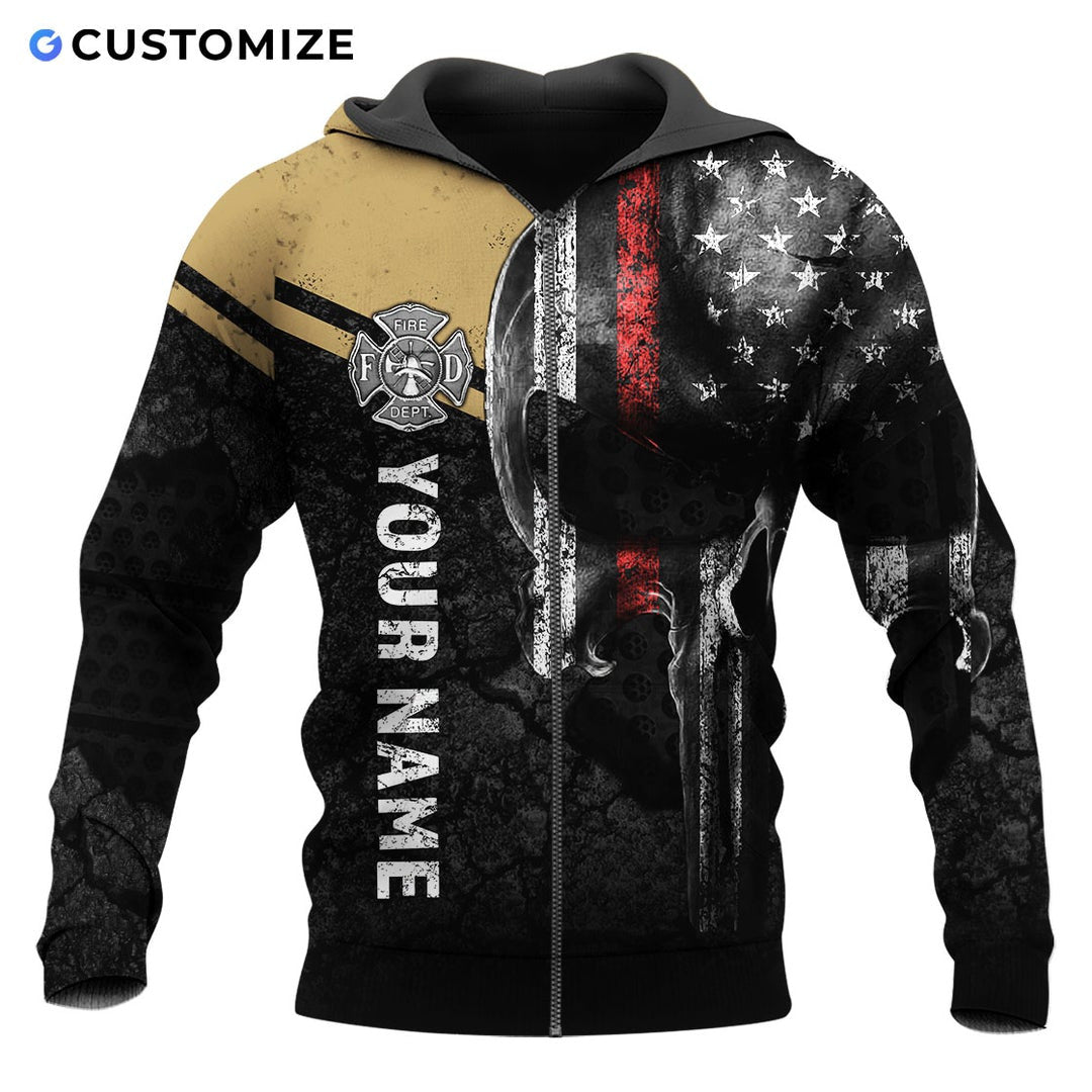 Personalized firefighter zip hoodie featuring distressed flag and fire badge all-over print, zip-front design