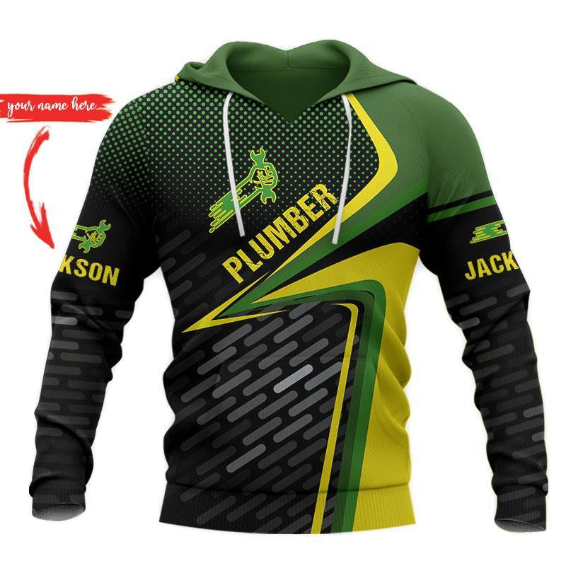Personalized plumber hoodie featuring green yellow diagonal plumber badge all-over print