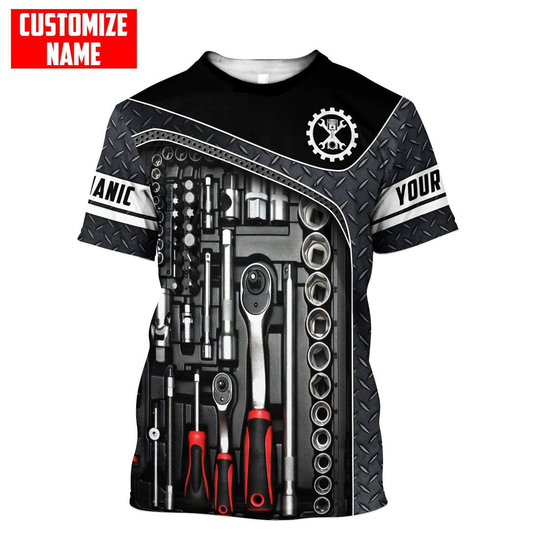 Personalized mechanic t-shirt featuring diamond plate tool print all-over print, short-sleeve design