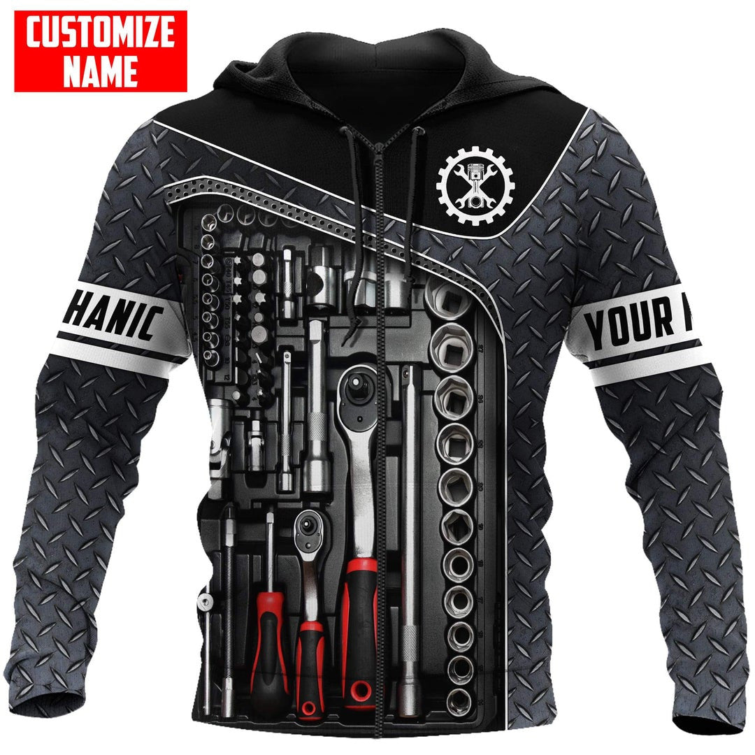 Personalized mechanic zip hoodie featuring diamond plate tool print all-over print, zip-front design
