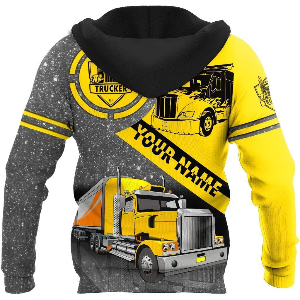 Personalized trucker hoodie featuring yellow semi truck print all-over print, back view