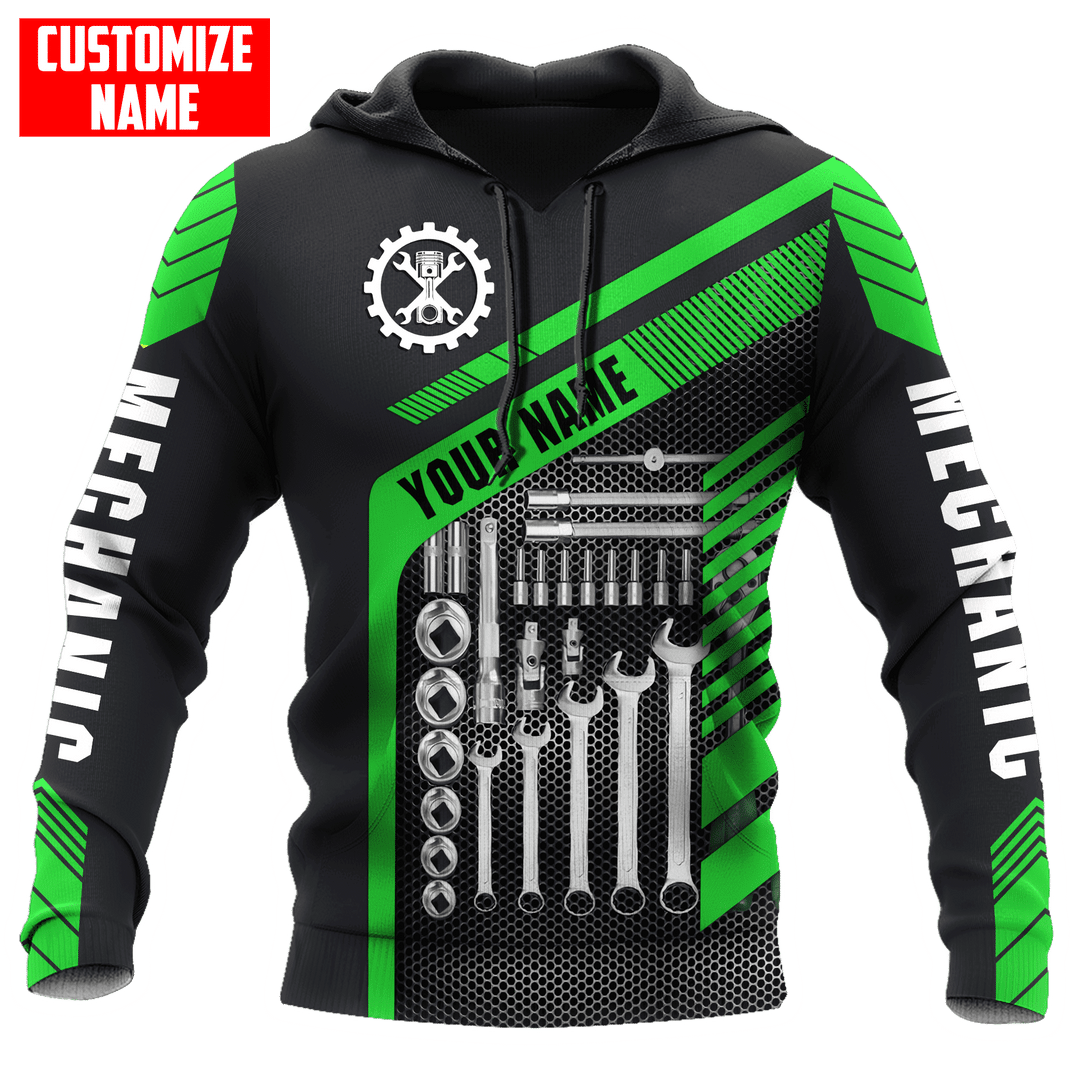 Personalized mechanic hoodie featuring green tool box print all-over print