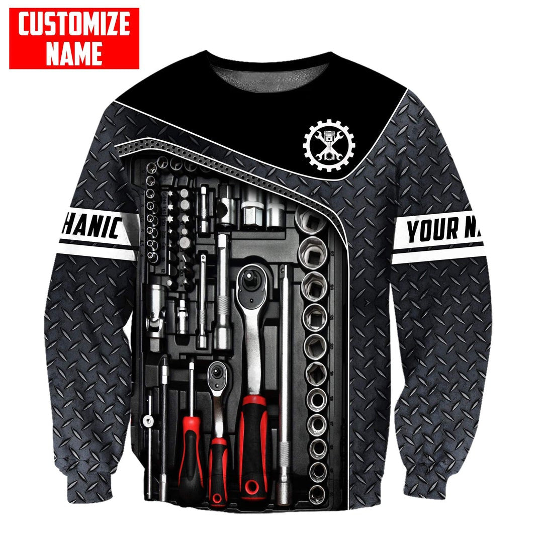 Personalized mechanic sweatshirt featuring diamond plate tool print all-over print, crewneck design